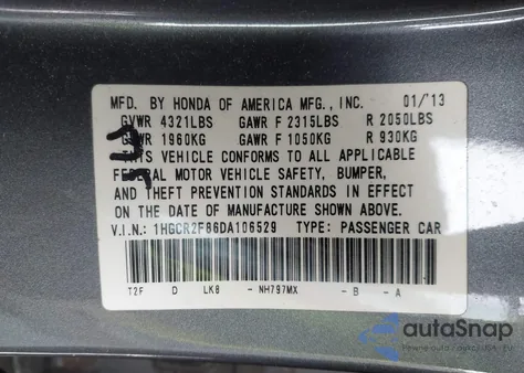2013 Honda Accord Ex-L from USA, damaged, VIN 1HGCR2F86DA106529